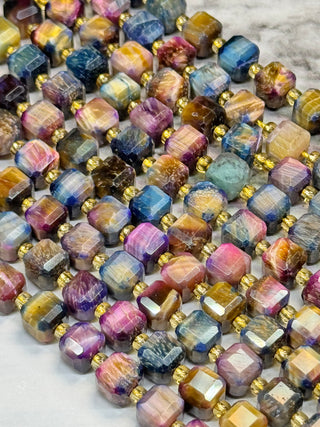 Tigers Eye Faceted Table Cut Cube Beads Strand - 7mm - Orchid - Rainbow