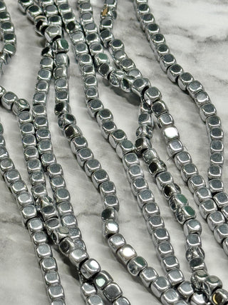 Platinum Hematite Cube Beads Strand - 4mm