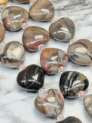 Petrified Wood Puff Heart Beads Strand - 20mm