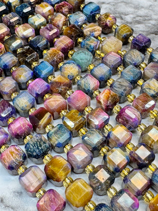 Tigers Eye Faceted Table Cut Cube Beads Strand - 7mm - Orchid - Rainbow