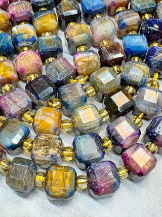 Tigers Eye Faceted Table Cut Cube Beads Strand - 7mm - Orchid - Rainbow