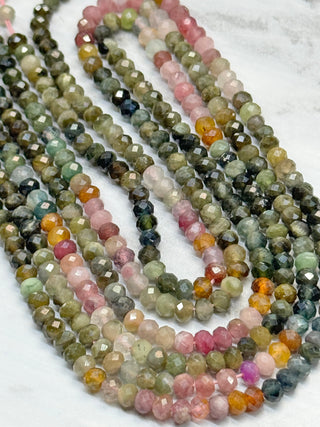 Grade A Watermelon Tourmaline Faceted Rondelle Color Blocked Beads Strand - 4mm