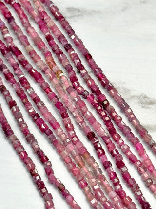 Pink Tourmaline Faceted Cube Beads Strand - 2mm
