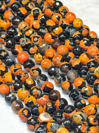 Fire Crackle Agate Faceted Beads Strand - Orange & Black - 8mm