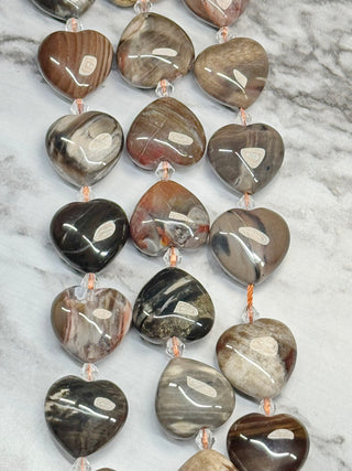 Petrified Wood Puff Heart Beads Strand - 20mm