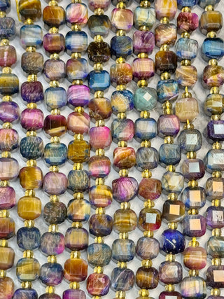 Tigers Eye Faceted Table Cut Cube Beads Strand - 7mm - Orchid - Rainbow