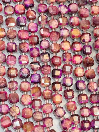 Tigers Eye Faceted Table Cut Cube Beads Strand - 7mm - Orchid - Rainbow