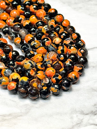 Fire Crackle Agate Faceted Beads Strand - Orange & Black - 8mm