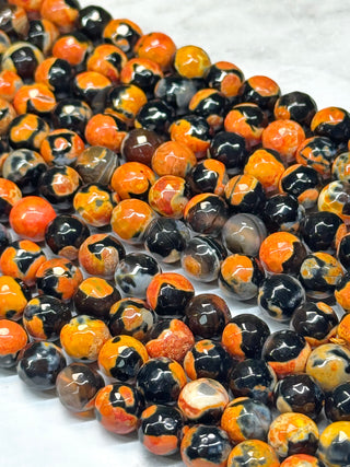 Fire Crackle Agate Faceted Beads Strand - Orange & Black - 8mm