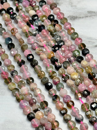 Watermelon Tourmaline Faceted Coin Beads Strand - 4mm