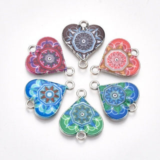 10pc Mixed Color Printed Enamel Heart Link Connectors 20x16mm
