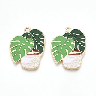 5pc Monstera Leaf with Pot Enamel Pendants/Charms