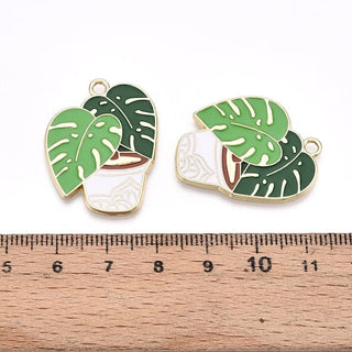 5pc Monstera Leaf with Pot Enamel Pendants/Charms