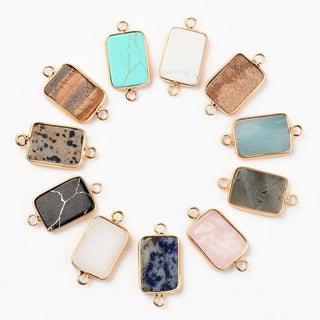 5pc Rectangle Mixed Natural Gemstone & Gold Edged Connector Links 28x15mm