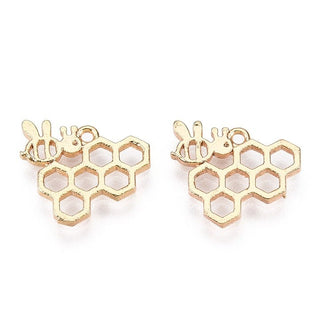 5pc 18K Gold Plated Bee Honeycomb Brass Charms 11x13mm