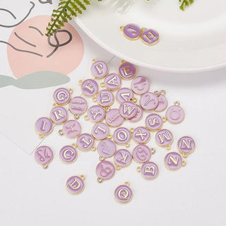 38pc Purple Golden Plated Alphabet & Zodiac Charms Set 14x12mm
