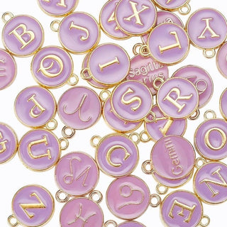 38pc Purple Golden Plated Alphabet & Zodiac Charms Set 14x12mm