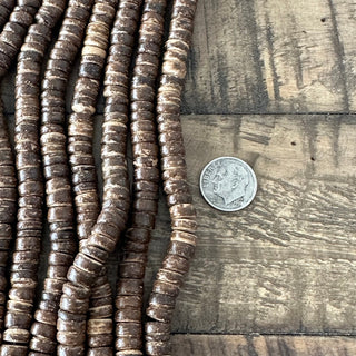 8mm Brown Coconut Wood Flat Round Heishi Bead Strand
