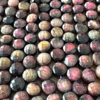 8mm Faceted Galaxy Tigers Eye Flat Round Bead Strand - Rare combination!