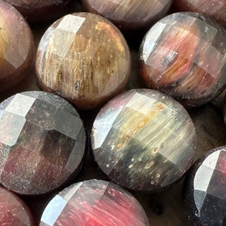 8mm Faceted Galaxy Tigers Eye Flat Round Bead Strand - Rare combination!