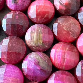 8mm Faceted Fuchsia Tigers Eye Flat Round Bead Strand - Rare combination!