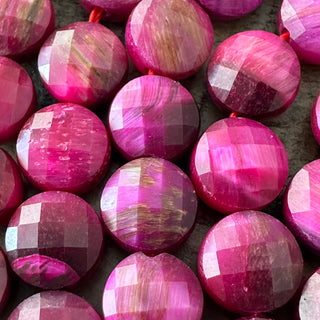 8mm Faceted Fuchsia Tigers Eye Flat Round Bead Strand - Rare combination!
