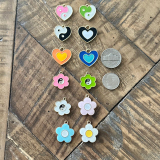 12pc Charm Set - Ying Yang Hearts - Ying Yang Flowers - Flowers - Hearts
