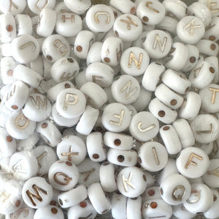 7mm White Acrylic Letter Beads - Light Gold Letters - Metal Enlaced - Flat Round