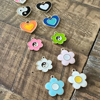 12pc Charm Set - Ying Yang Hearts - Ying Yang Flowers - Flowers - Hearts
