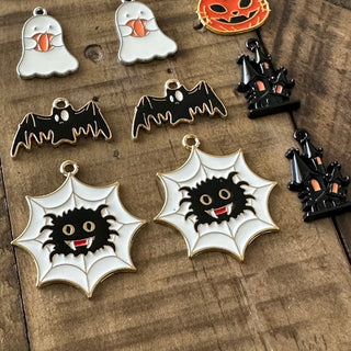 12pc Halloween Charm Set  - Pumpkin Cat - Spider Web - Bat - Castle