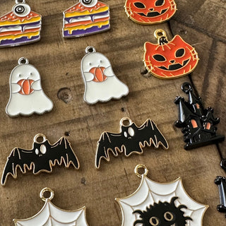 12pc Halloween Charm Set  - Pumpkin Cat - Spider Web - Bat - Castle