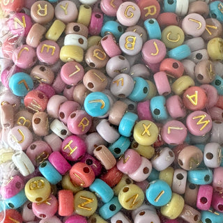 7mm Opaque Mixed Color Acrylic Letter Beads - Mixed Letters - Flat Round - Golden Plated