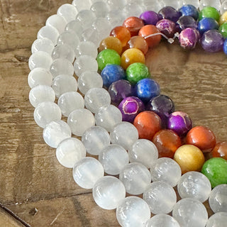 8mm Chakra Gemstone Bead Bundle Kit - Premium Stones - Lava Rock - Selenite - Opalite - Onyx - Howlite